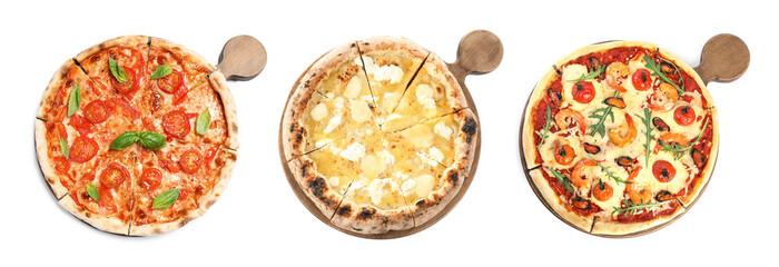 Fototapeta na wymiar Set with different tasty pizzas on white background, top view. Banner design