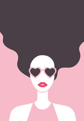 Beautiful long-haired girl with red lipstick and white skin wearing heart shaped sunglasses. Stylish young woman fashion poster. - Vector illustration