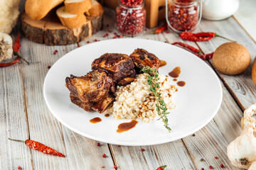 Gourmet beef stewed ribs with pearl barley risotto
