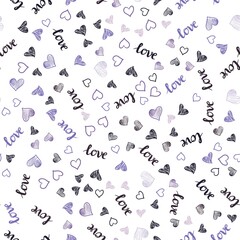 Fototapeta na wymiar Light Purple vector seamless texture with words LOVE YOU, hearts. Colorful illustration with quote LOVE YOU, hearts. Texture for window blinds, curtains.