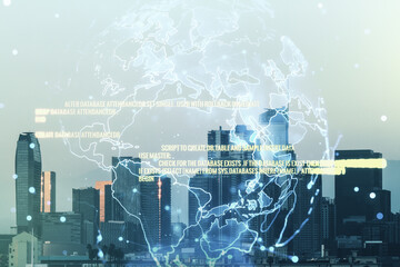 Abstract virtual coding illustration and world map on Los Angeles cityscape background, international software development concept. Multiexposure