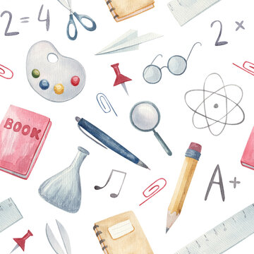 Seamless pattern. Back to school. Hand-drawn background with school supplies and creative elements. Palette, book, notebook, pen, pencil, brush, glasses, watercolor illustration