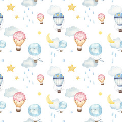 seamless childish design pattern, balloons with clouds, stars, moon watercolor illustration