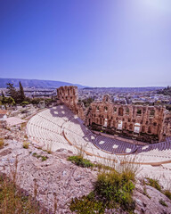 Athens Greece, Herodium ancient open theater under acropolis and panoramic view of the city