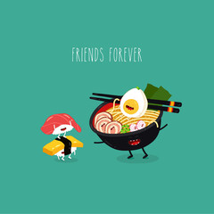 ramen tuna omlette sushi friends forever. Vector illustration. - 364700118