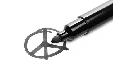 Black marker, felt pen with sketched hippy peace symbol, sign isolated on white background