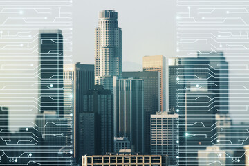 Abstract virtual microscheme illustration on Los Angeles skyline background. Big data and database concept. Multiexposure