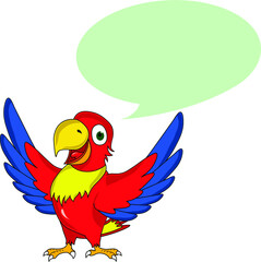 funny happy young smart colorful parrot talking with speech bubble