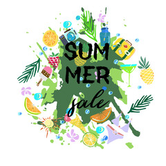 Text Summer  sale, discount banners.Juicy pineapple, citrus with grunge elements, ink drops, tropical plants, abstract background. Vector illustration