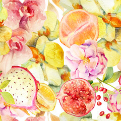 Watercolor seamless pattern. Orchid, orange, pomegranate, dragon fruit, leaves, rose