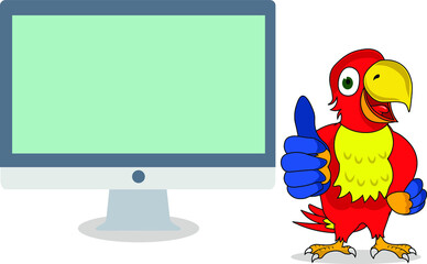 funny smart happy parrot showing thumbs up in front of a display monitor blank empty