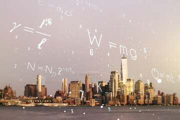 Scientific formula hologram on Manhattan cityscape background, research concept. Multiexposure