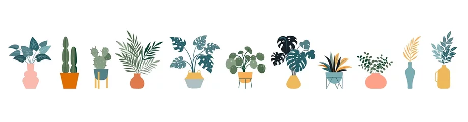 Tuinposter Urban jungle, trendy home decor with plants, cacti, tropical leaves in stylish planters and pots. Vector illustration © Marina Zlochin
