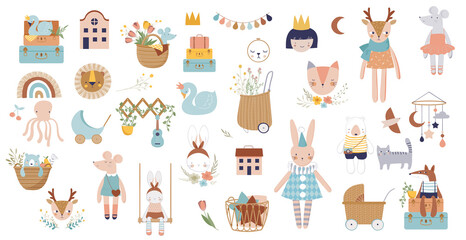 Trendy baby and children icons, stickers, tattoos. Vintage style. Vector illustrations