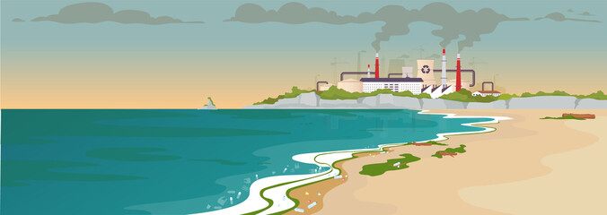 Contaminated sandy beach flat color vector illustration