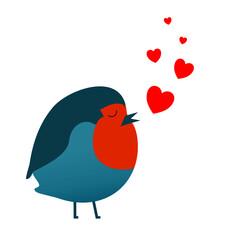 Robin singing a love song, floating hearts vector illustration