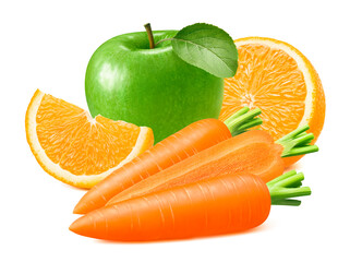 Green apple, orange and carrots isolated on white background