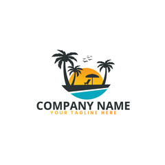 Naklejka premium Island Sunset Logo Vector Design. Summer Holiday Beach Logo for your Tourism Business Company or for your Design Vector Element.