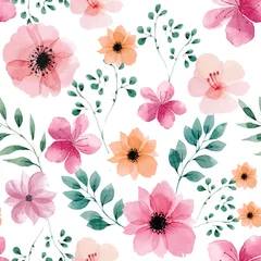 Schilderijen op glas Geschilderde Bloemen Seamless pattern with spring flowers and leaves. Hand drawn watercolor background. Floral pattern for wallpaper or fabric.  © Shreevarshini