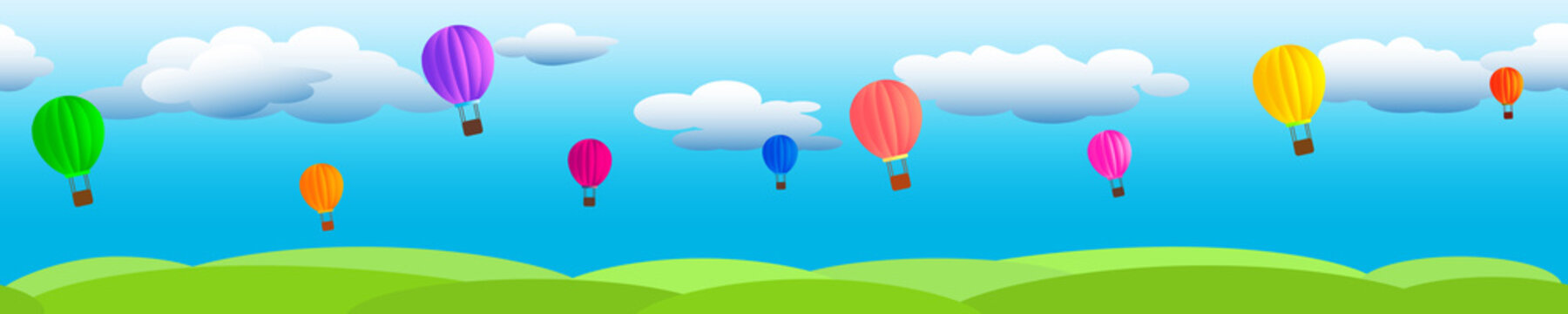 Clouds on a blue sky with flying balloons and green grass. Seamless color flat vector image.