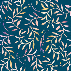 Seamless watercolor pattern. Leaves, twigs on a dark blue background