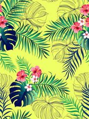 Tropical vector seamless background. Jungle pattern with exitic flowers, and palm leaves. Stock vector. Jungle vector vintage wallpaper
