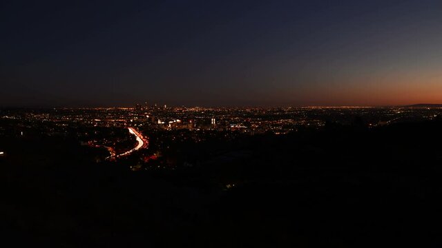 Los Angeles Overlook Time Lapse Pan L Sunset to Night Hollywood