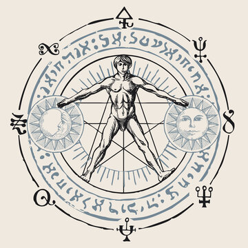 Illustration with a human figure like Vitruvian man by Leonardo Da Vinci, sun, moon and alchemical symbols. Hand-drawn banner with esoteric and magical signs written in a circle in retro style
