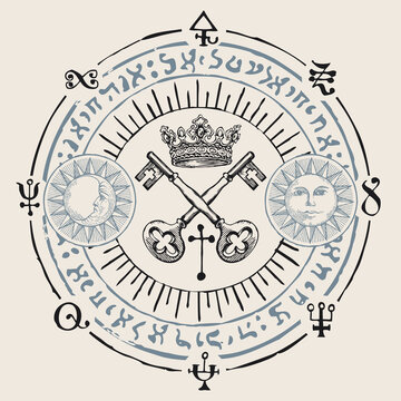 Hand-drawn crown, old crossed keys and magical symbols in retro style on a beige background. Vector banner with sun, moon, esoteric and magic signs written in a circle