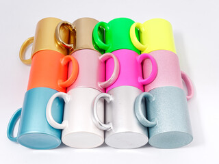 Souvenir products for thermal transfer of images. Cups mother of pearl. reflective