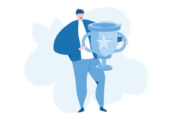 Man win a prize, big cup. Vector illustration for web banner, infographics, mobile. 