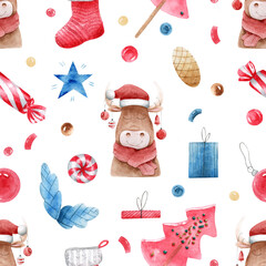 Watercolor christmas new year pattern with bull and new year symbols