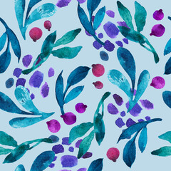 Watercolor seamless pattern. Leaves, twigs, berries on a blue background. Abstraction