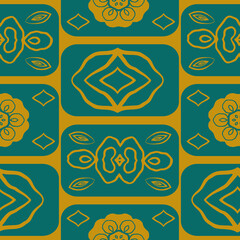 Vector teal and orange mexican tile style seamless pattern background. Modern geometric backdrop with rounded rectangles and naive folk decorations. Hand drawn design. All over print for wellness