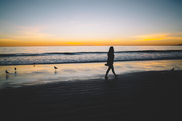 Lonely woman silhouette on sandy shore of tranquil ocean during sceni sunset, upset girl walking near sea on coastline feeling depressed recreating with beautiful nature landscape in evening.