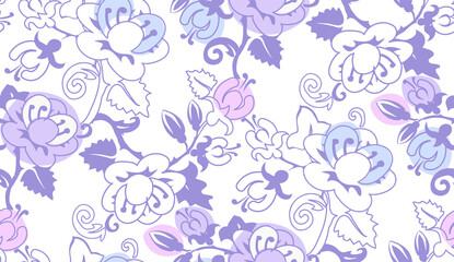 floral ornament in purple color scheme on a white background. Light, feminine, girly, for fabric, Wallpaper