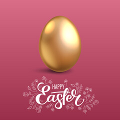 Realistic golden egg on pink background. Easter greeting card or invitation template