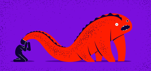 Psychical problems such as phobia psychosis schizophrenia hallucinations vector concept illustration in flat trendy style, psychiatry and psychology allegory, man with monster from his head.