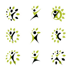 Fototapeta na wymiar Collection of vector illustrations of happy abstract human with raised hands up. Phytotherapy metaphor, vector graphic emblem.