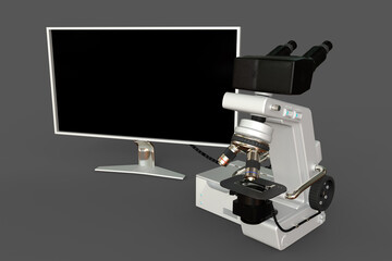 White scientific microscope, system block and empty monitor isolated, photorealistic medical 3d illustration with fictional design, medical research concept