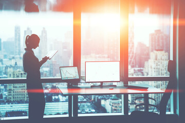 Silhouette of female office employee standing near window with panoramic city views while working...