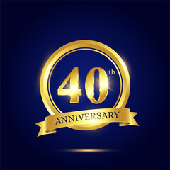 Fototapeta premium 40th anniversary celebration. Luxury celebration template with golden circle and ribbon on dark blue background. Elegant vector template for invitation card, celebration, greeting cards and other.