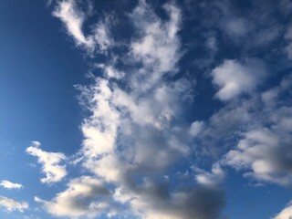 Blue sky and white feathery clouds. Copy space and background.