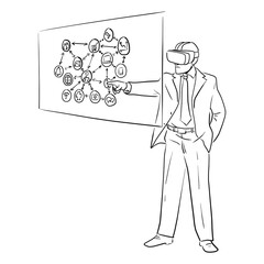 businessman wearing VR headset and touching screen with business icon vector illustration sketch doodle hand drawn with black lines isolated on white background