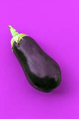 Eggplant on the purple background. Fresh vegetables abstract concept. Top view.