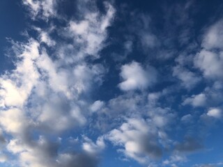Blue sky and white feathery clouds. Copy space and background.