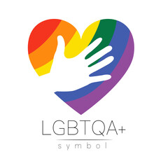 Vector LGBTQA logo symbol. Pride flag background. Icon for gay, lesbian, bisexual, transsexual, queer and allies person. Can be use for sign activism, psychology or counseling. LGBT logotype on white. - 364707706