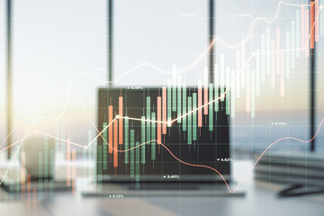 Multi exposure of abstract financial diagram on computer background, banking and accounting concept