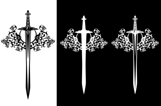 medieval knight sword among rose flower decor - black and white vector heraldic weapon emblem