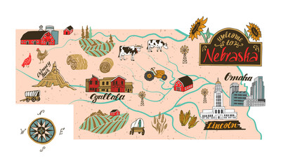 Illustrated map of  Nebraska state, USA. Travel and attractions. Souvenir print